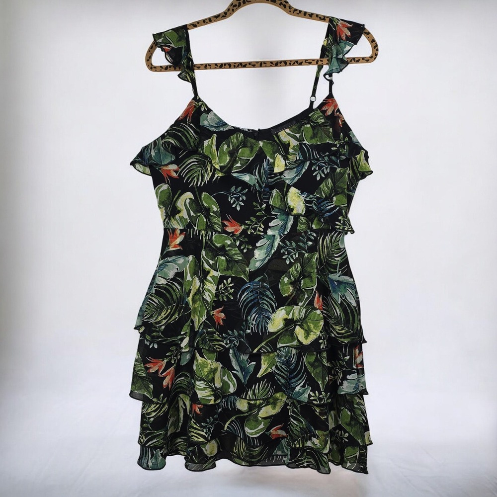 Sanctuary Mini Dress Tropical Leaf Print Ruffle Tiered Woman Small Green Black